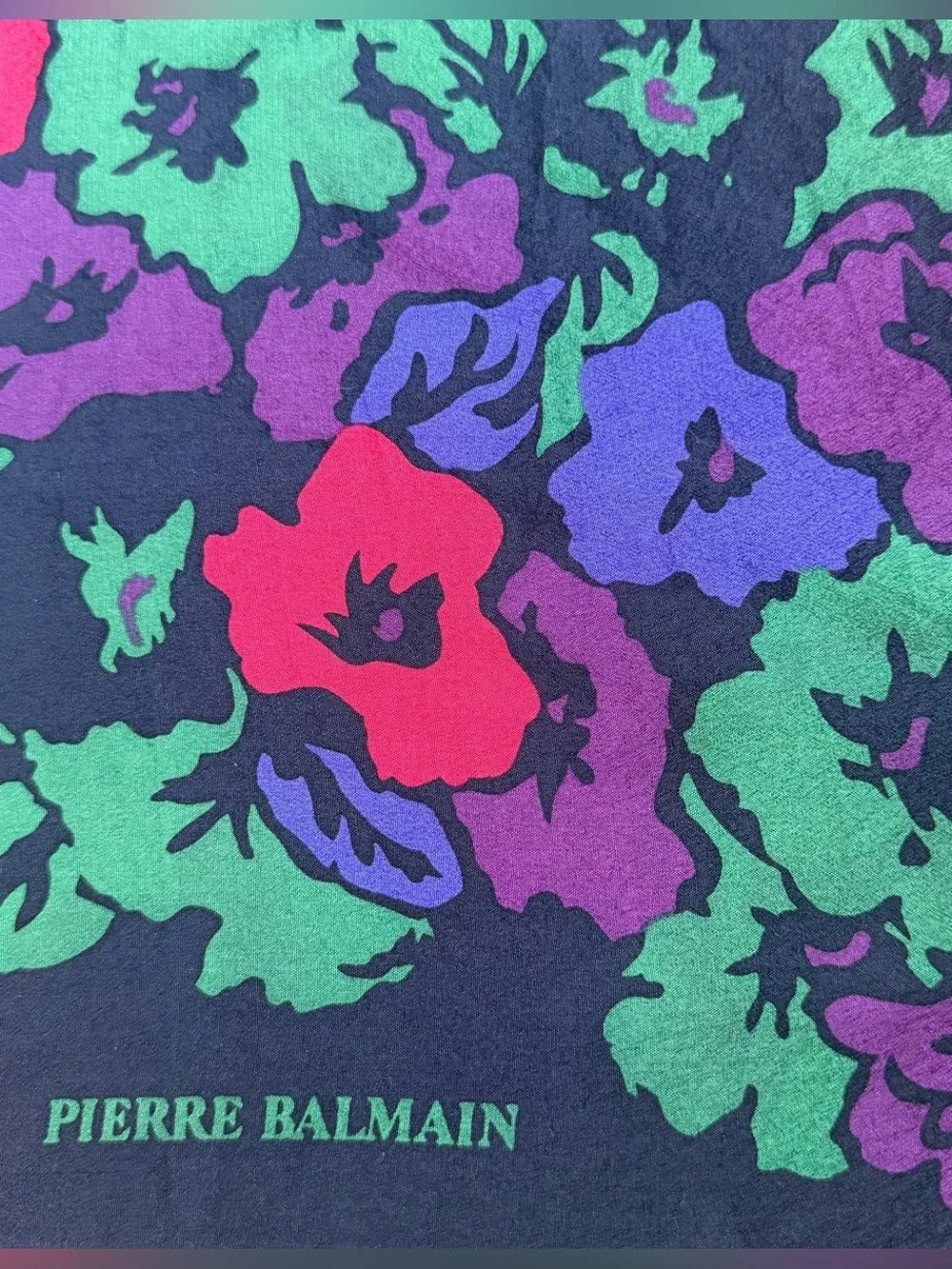 Balmain Navy Floral Silk Scarf Cottagecore Green Purple Pink Blooms